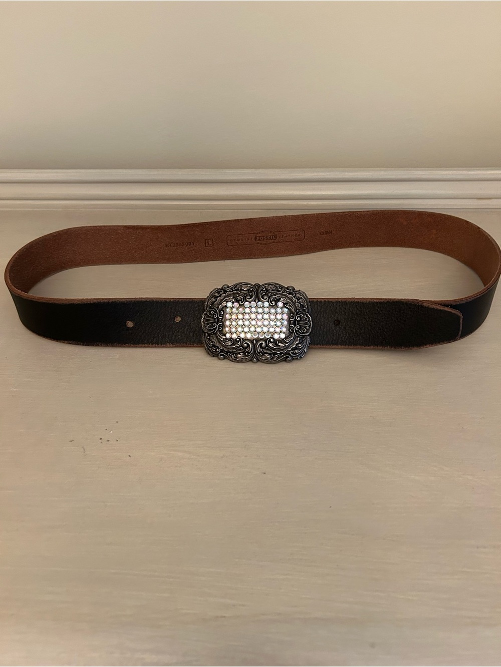 Fossil Black Leather Belt with Ornate Rhinestone -Accent Buckle